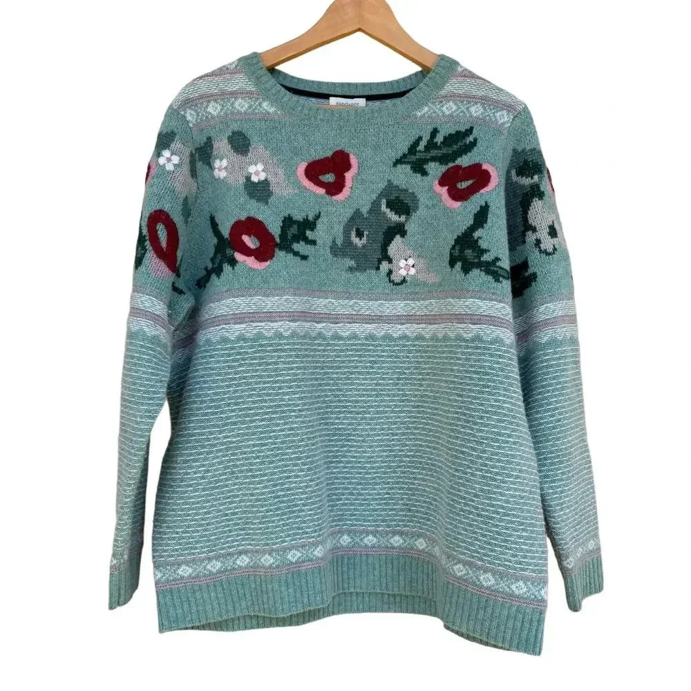 Sundance Bold Botanic Floral Knit Embroidered Wool Sweater Jumper Aqua Size L
